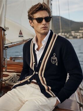 Gucci Men’s Nautical Anchor Crest Cardigan XL Navy Wool Knit Italy New With Tags